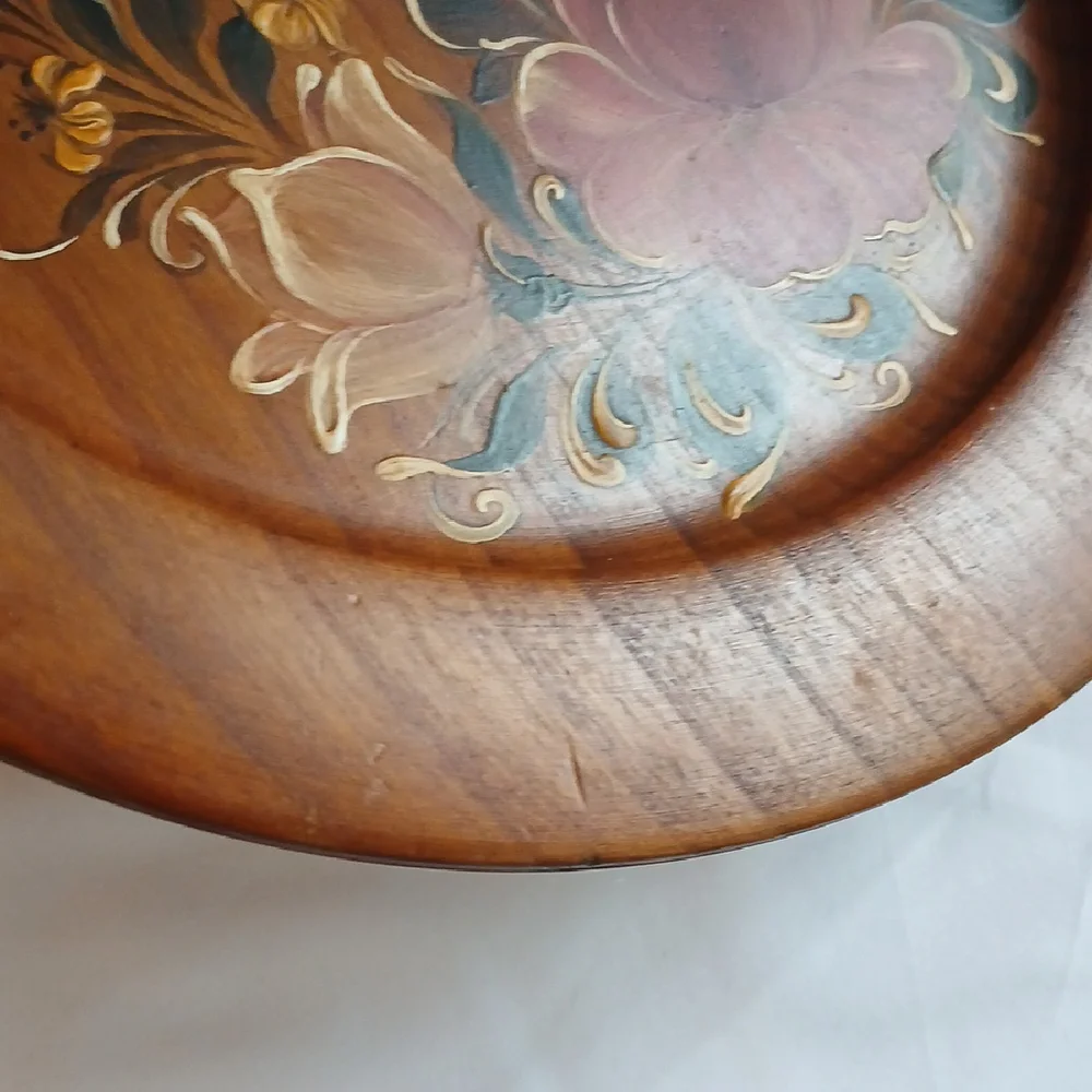 Vintage German Hand-painted Floral Wooden Plate